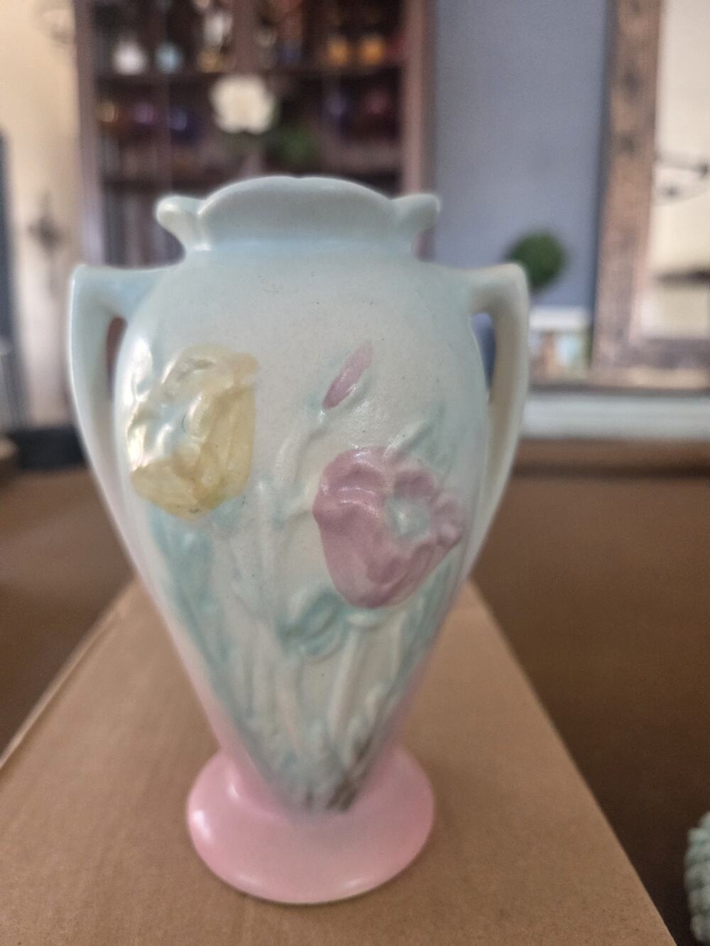 Hull 607-5 1/2 Art Pottery Floral Vase Blue Pink Yellow 1940s Impressed Vintage